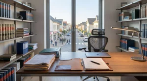 Bureau équipé de bibliothèques remplies de dossiers juridiques et d'un espace de travail moderne pour conseiller les clients en droit. Aperçu de la ville à travers la fenêtre.